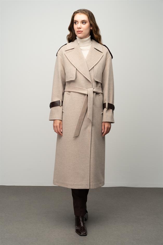 Cashmere Coat with Cape Detail and Genuine Leather Accessories BEIGE 3031-K