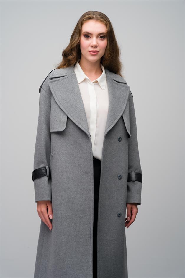 Cashmere Coat with Cape Detail and Genuine Leather Accessories DARK GREY 3031-K