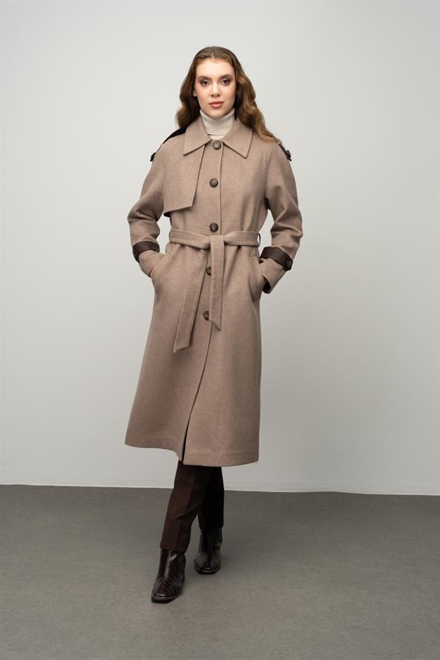 Genuine Leather Detailed Waist-Tied Mid-Length Cashmere Coat CAMEL 3030-K
