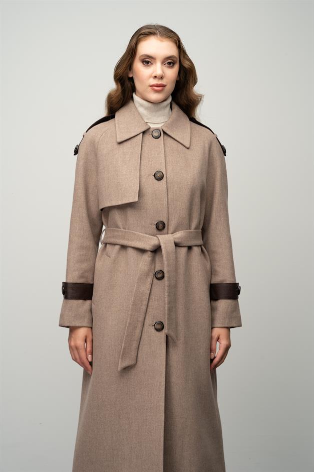 Genuine Leather Detailed Waist-Tied Mid-Length Cashmere Coat CAMEL 3030-K