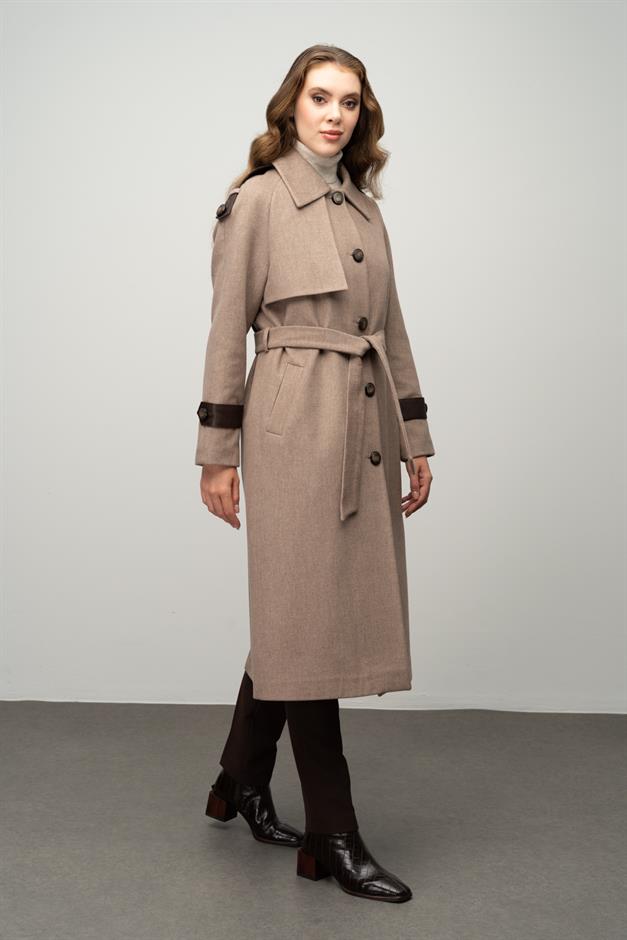 Genuine Leather Detailed Waist-Tied Mid-Length Cashmere Coat CAMEL 3030-K