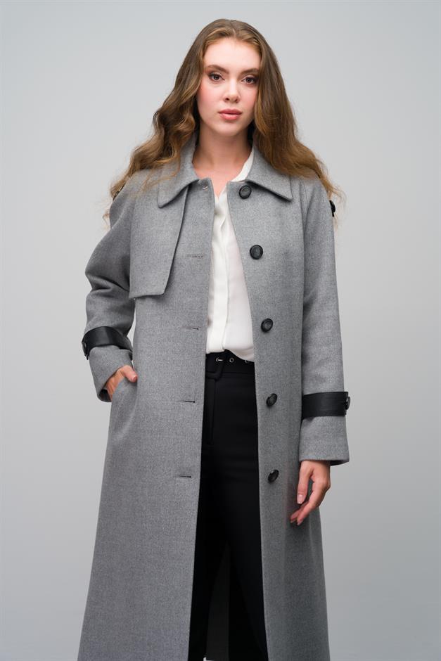Genuine Leather Detailed Waist-Tied Mid-Length Cashmere Coat GREY 3030-K