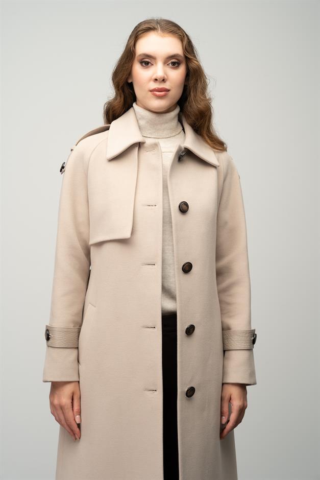 Genuine Leather Detailed Waist-Tied Mid-Length Cashmere Coat IVORY 3030-K
