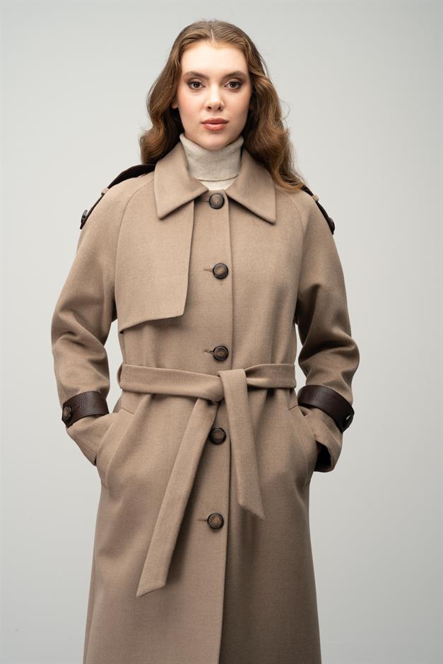 Genuine Leather Detailed Waist-Tied Mid-Length Cashmere Coat K. KAMEL 3030-K