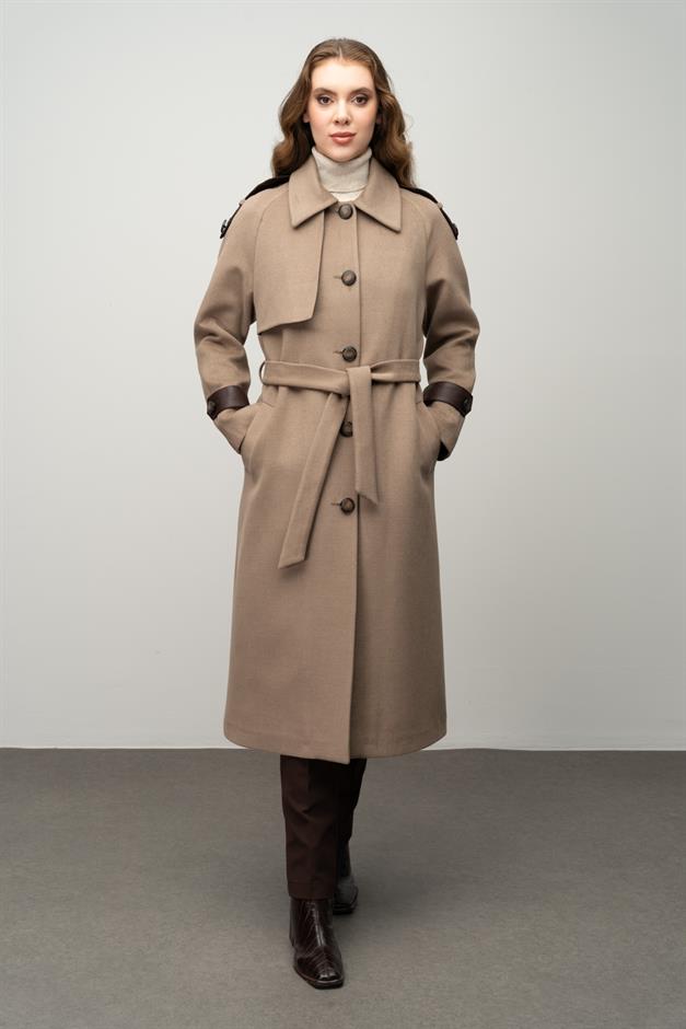 Genuine Leather Detailed Waist-Tied Mid-Length Cashmere Coat K. KAMEL 3030-K