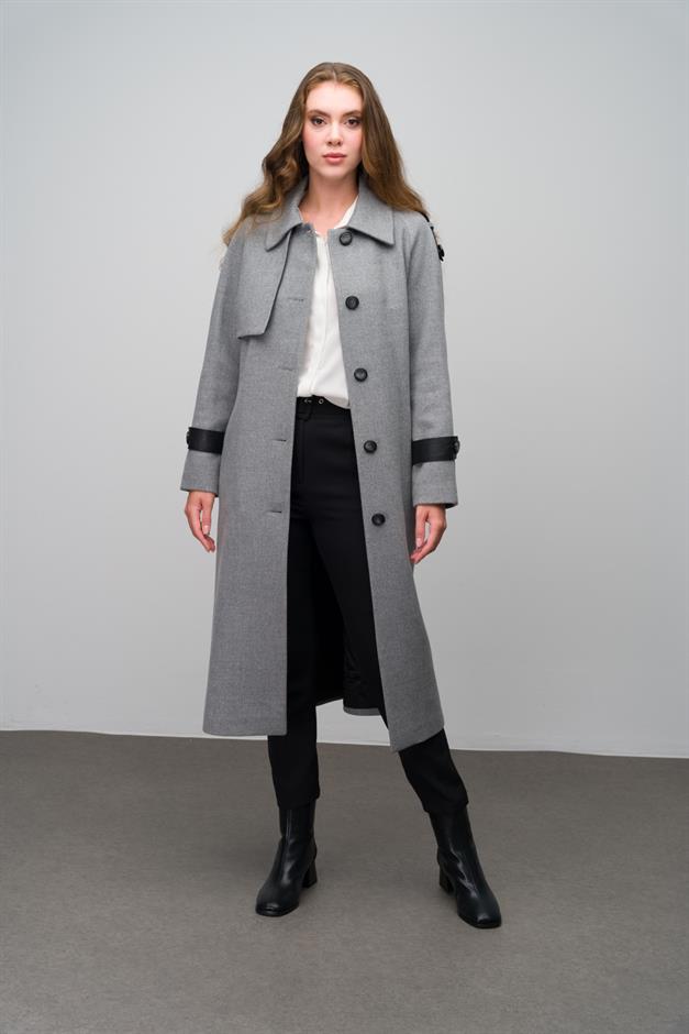 Genuine Leather Detailed Waist-Tied Mid-Length Cashmere Coat GREY 3030-K