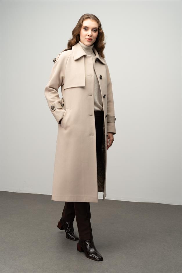 Genuine Leather Detailed Waist-Tied Mid-Length Cashmere Coat IVORY 3030-K