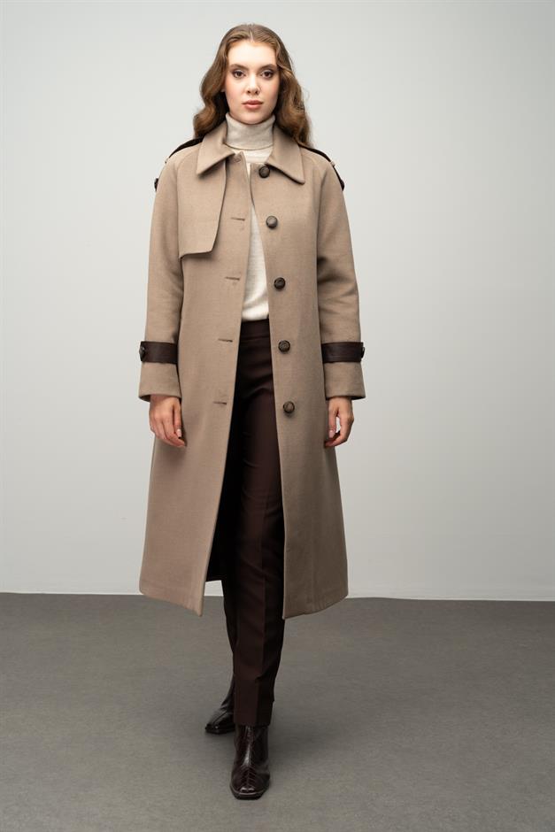 Genuine Leather Detailed Waist-Tied Mid-Length Cashmere Coat K. KAMEL 3030-K