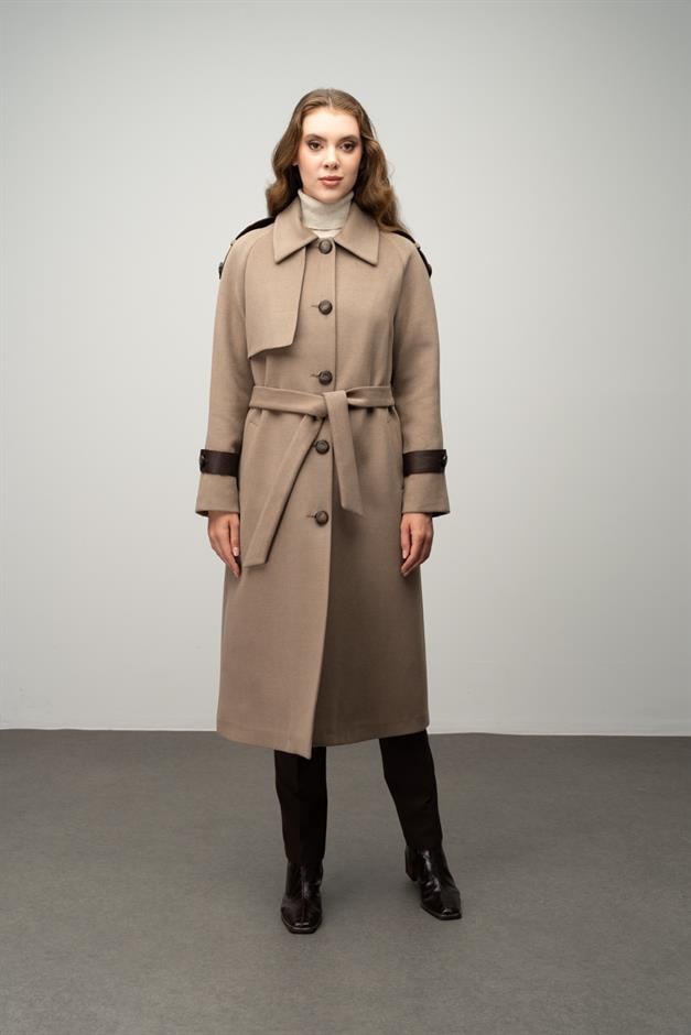 Genuine Leather Detailed Waist-Tied Mid-Length Cashmere Coat K. KAMEL 3030-K