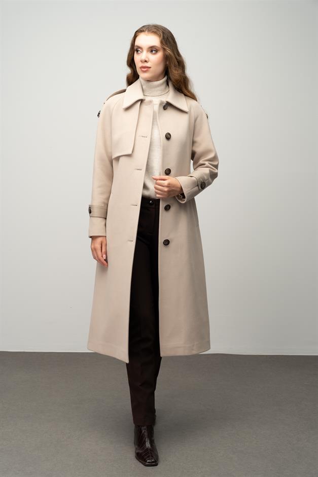 Genuine Leather Detailed Waist-Tied Mid-Length Cashmere Coat IVORY 3030-K