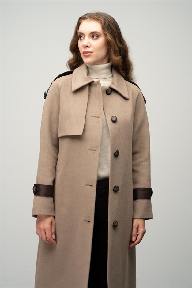 Genuine Leather Detailed Waist-Tied Mid-Length Cashmere Coat K. KAMEL 3030-K