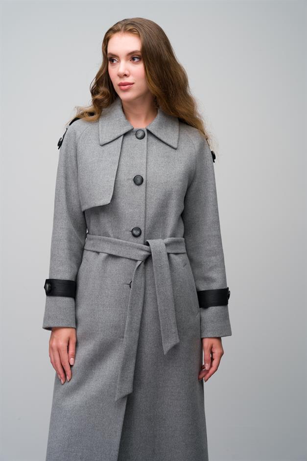 Genuine Leather Detailed Waist-Tied Mid-Length Cashmere Coat GREY 3030-K