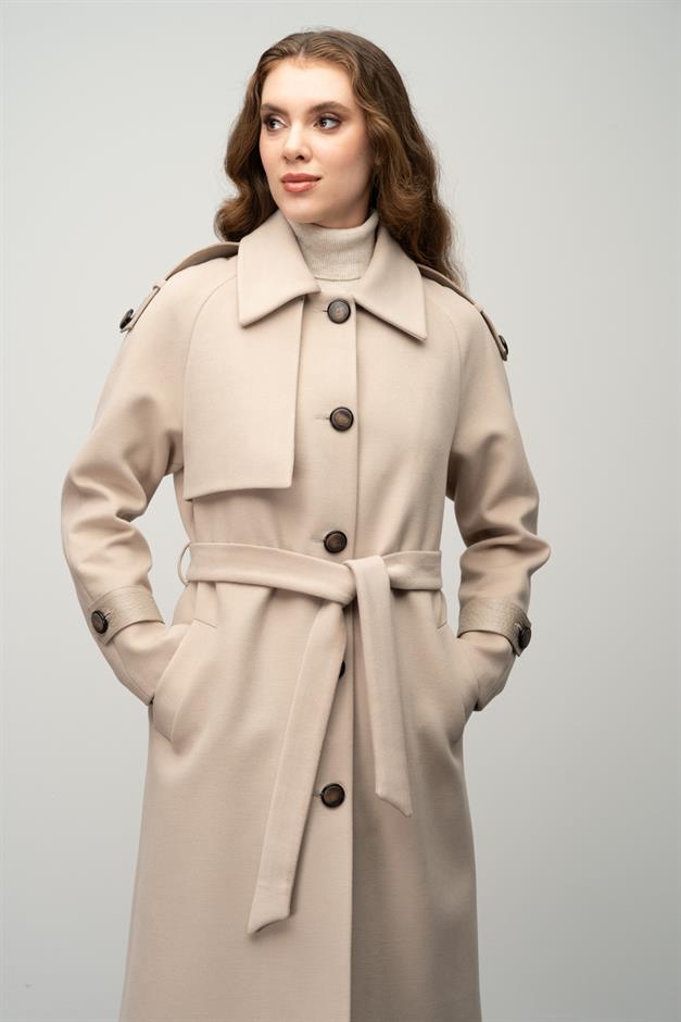 Genuine Leather Detailed Waist-Tied Mid-Length Cashmere Coat IVORY 3030-K