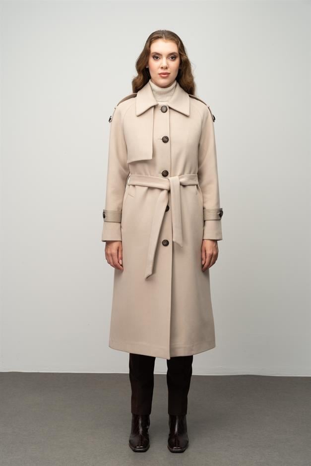 Genuine Leather Detailed Waist-Tied Mid-Length Cashmere Coat IVORY 3030-K