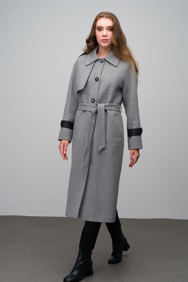 Genuine Leather Detailed Waist-Tied Mid-Length Cashmere Coat GREY 3030-K