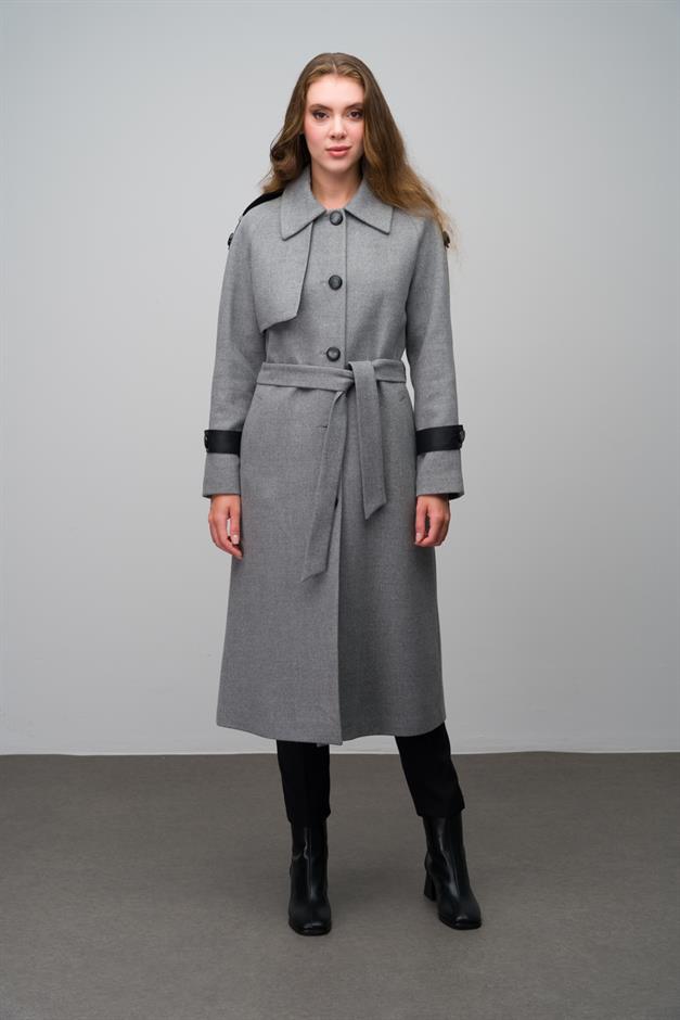 Genuine Leather Detailed Waist-Tied Mid-Length Cashmere Coat GREY 3030-K
