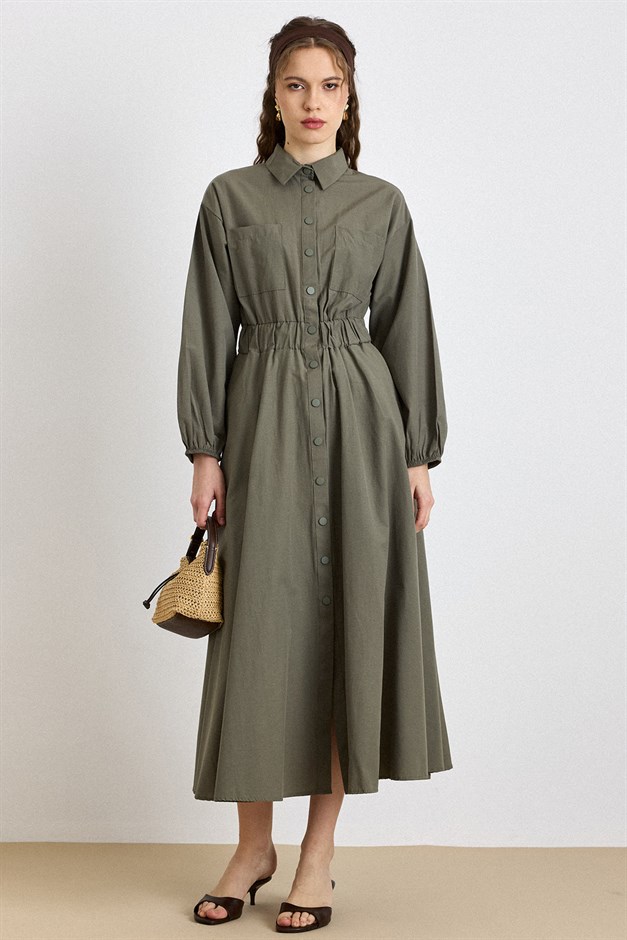 Göğüs Cepli Beli Lastikli Poplin Elbise HAKİ 9286-E