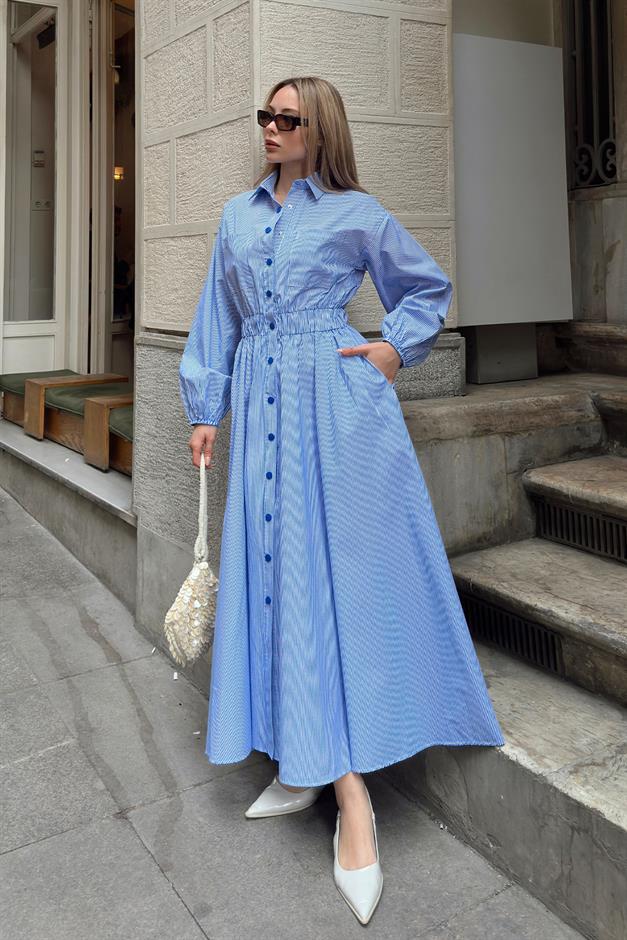 Poplin Dress with Elastic Waist and Chest Pocket BLUE-WHITE 9286-E