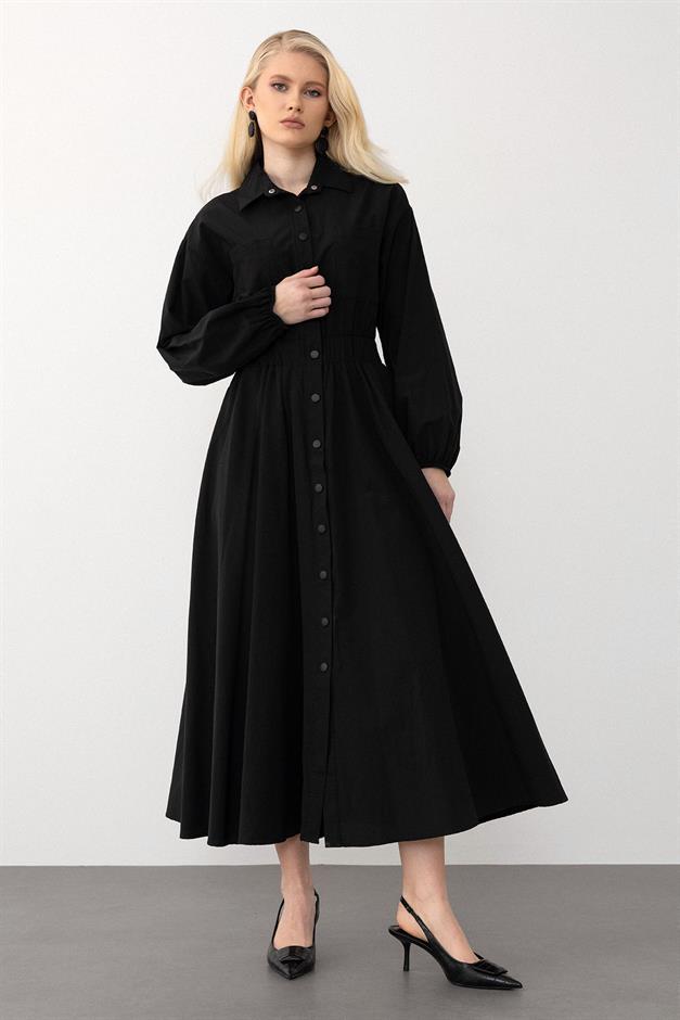 Poplin Dress with Elastic Waist and Chest Pocket BLACK 9286-E