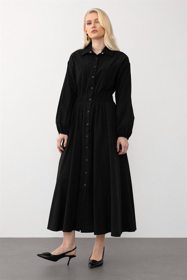 Poplin Dress with Elastic Waist and Chest Pocket BLACK 9286-E