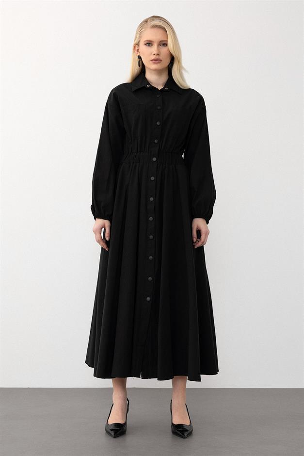 Poplin Dress with Elastic Waist and Chest Pocket BLACK 9286-E