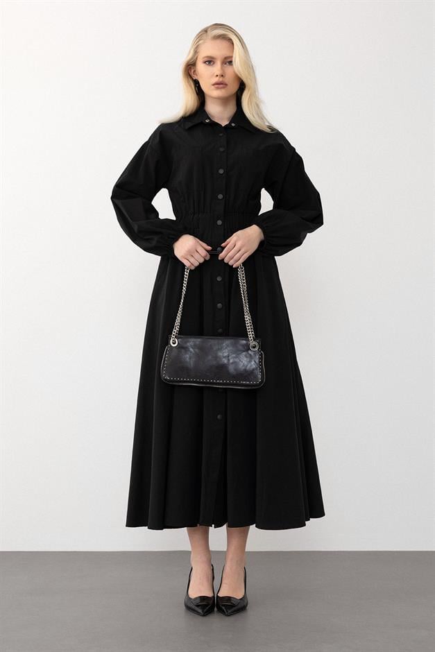 Poplin Dress with Elastic Waist and Chest Pocket BLACK 9286-E