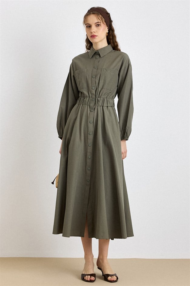 Göğüs Cepli Beli Lastikli Poplin Elbise HAKİ 9286-E