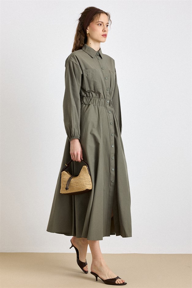 Göğüs Cepli Beli Lastikli Poplin Elbise HAKİ 9286-E