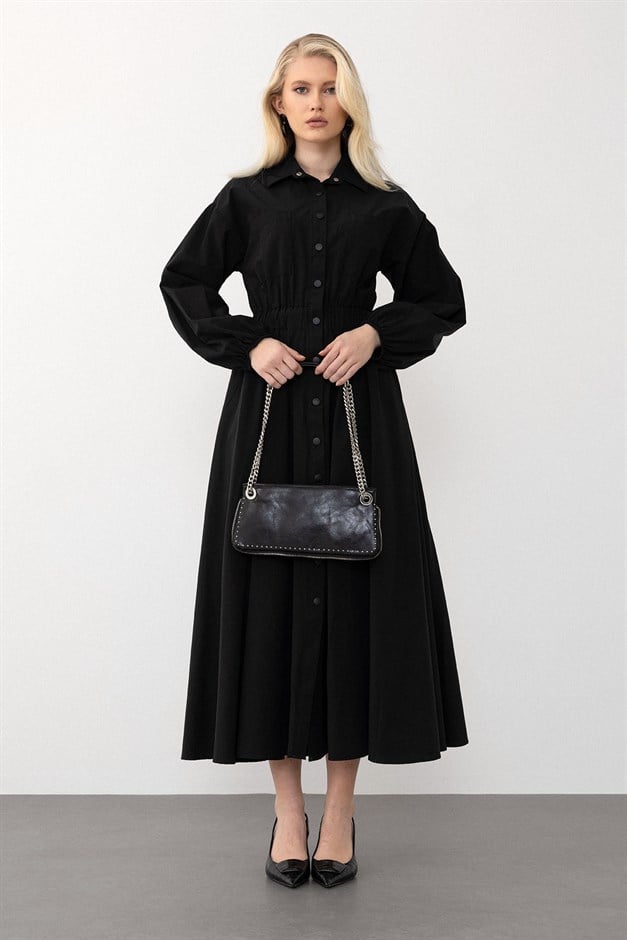 Göğüs Cepli Beli Lastikli Poplin Elbise SİYAH 9286-E