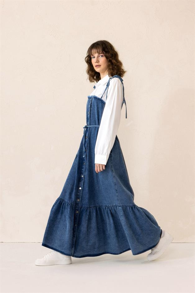 Shirt-Styled Flounced Skirt Denim Dress BLUE 9305-E