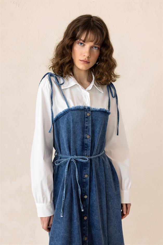 Shirt-Styled Flounced Skirt Denim Dress BLUE 9305-E
