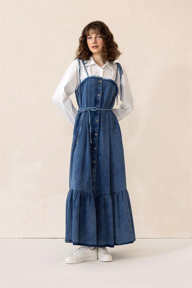 Shirt-Styled Flounced Skirt Denim Dress BLUE 9305-E