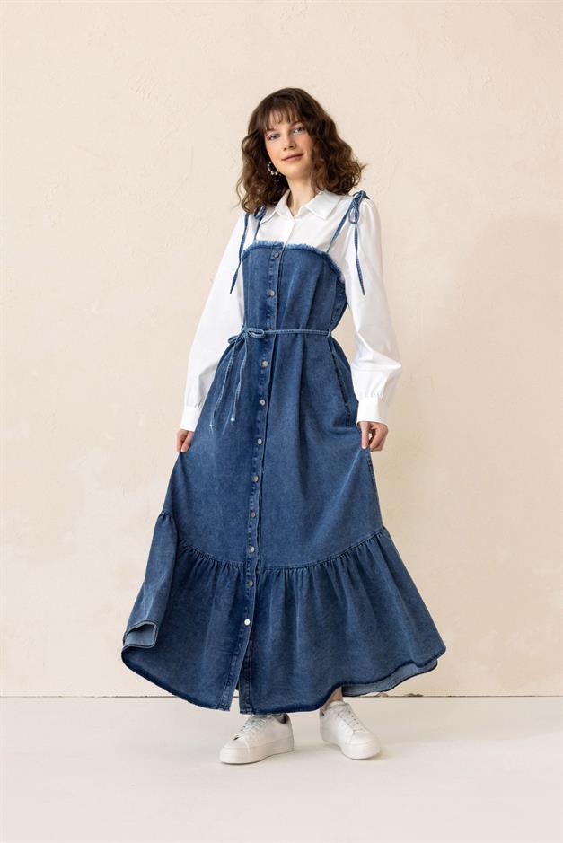 Shirt-Styled Flounced Skirt Denim Dress BLUE 9305-E