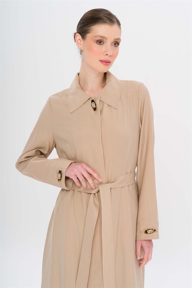 Gömlek Yaka Aksesuar Detaylı Astarsız Modal Büyük Beden Pardesü BEJ 6745