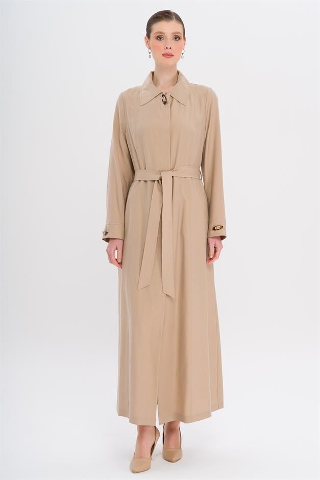 Gömlek Yaka Aksesuar Detaylı Astarsız Modal Büyük Beden Pardesü BEJ 6745