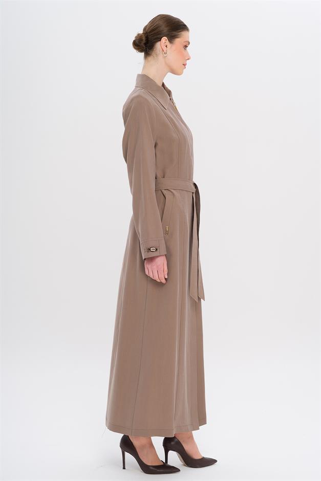 Gömlek Yaka Aksesuar Detaylı Astarsız Modal Büyük Beden Pardesü A.KAHVE 6745