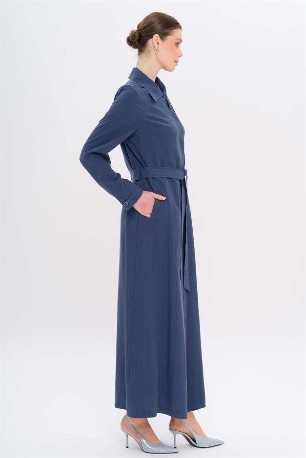 Gömlek Yaka Aksesuar Detaylı Astarsız Modal Büyük Beden Pardesü İNDİGO 6745