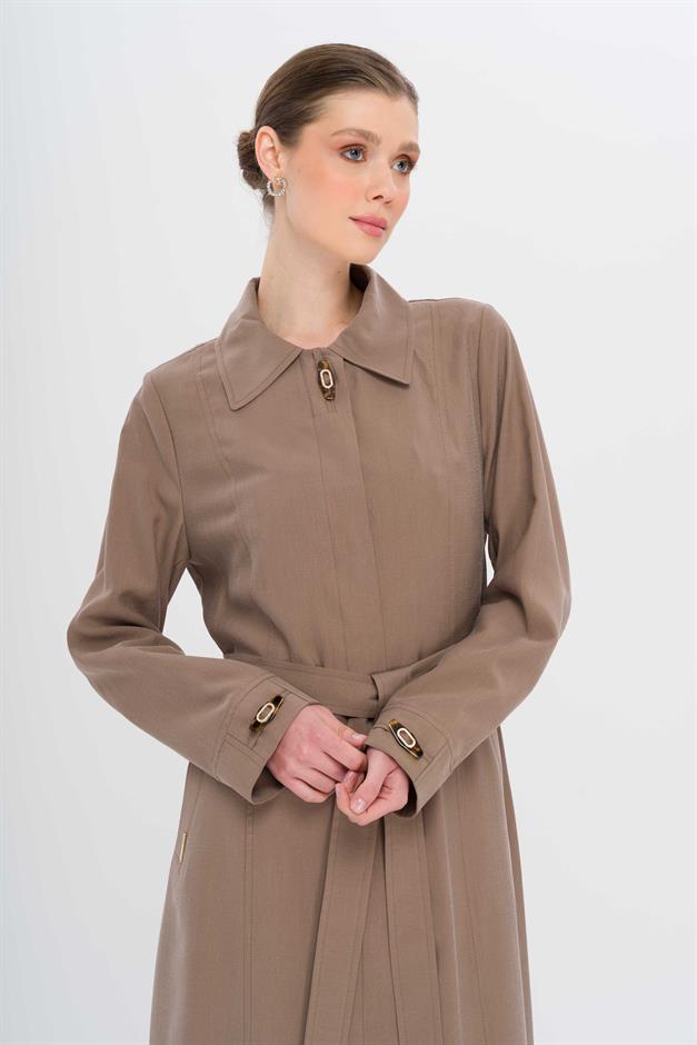 Gömlek Yaka Aksesuar Detaylı Astarsız Modal Büyük Beden Pardesü A.KAHVE 6745