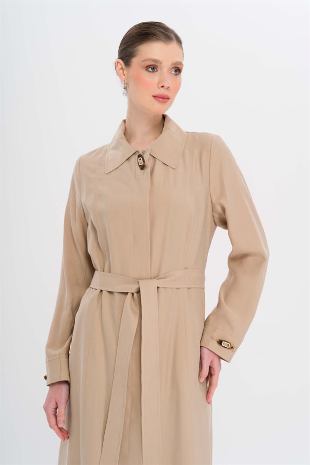 Gömlek Yaka Aksesuar Detaylı Astarsız Modal Büyük Beden Pardesü BEJ 6745