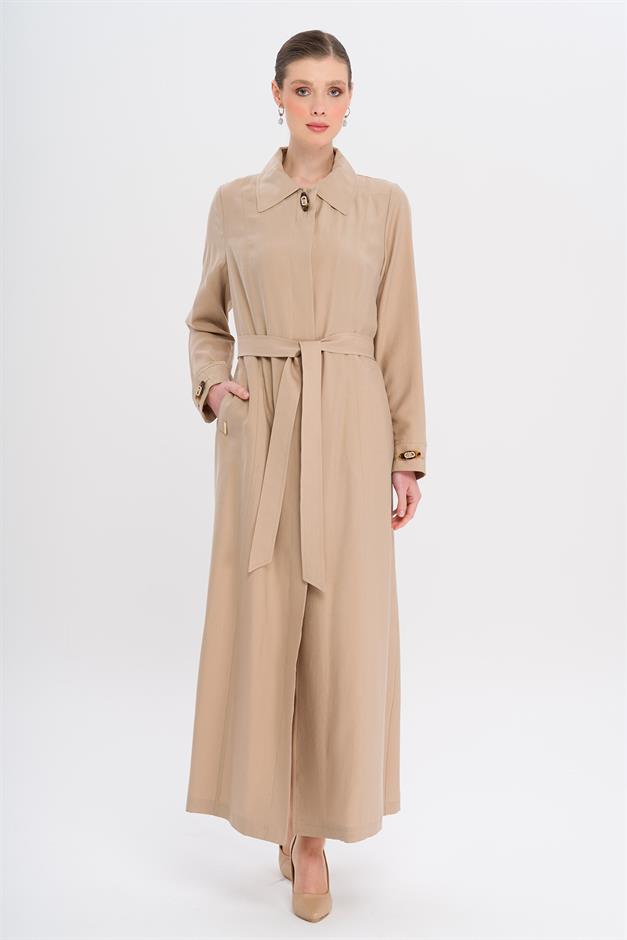 Gömlek Yaka Aksesuar Detaylı Astarsız Modal Büyük Beden Pardesü BEJ 6745