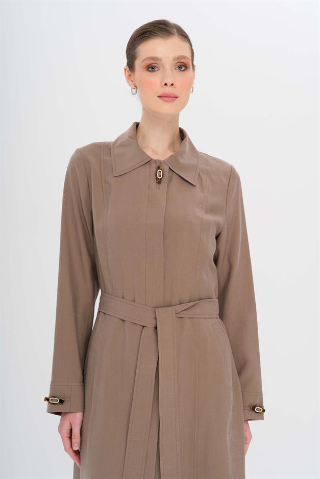 Gömlek Yaka Aksesuar Detaylı Astarsız Modal Büyük Beden Pardesü A.KAHVE 6745