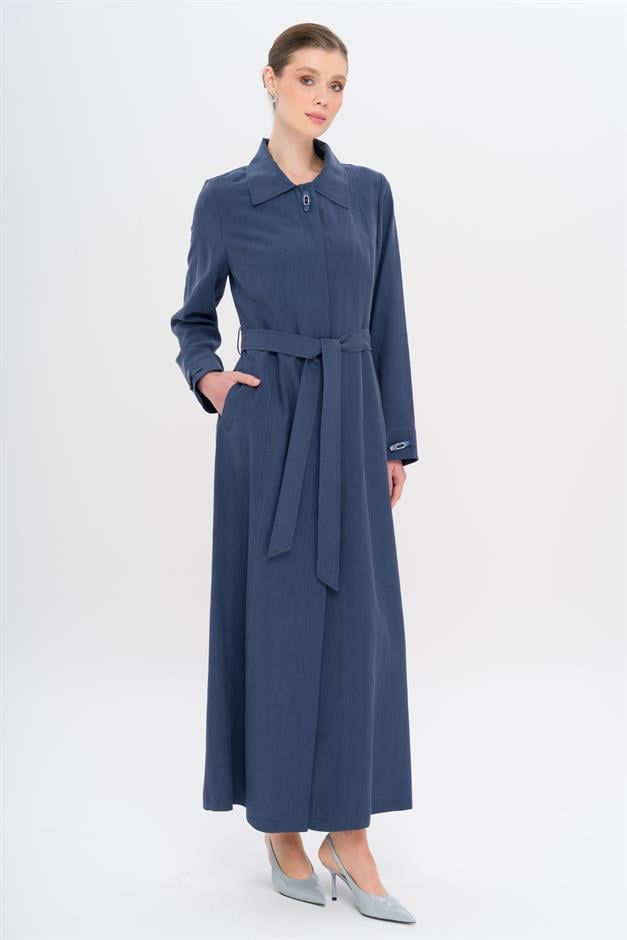 Gömlek Yaka Aksesuar Detaylı Astarsız Modal Büyük Beden Pardesü İNDİGO 6745