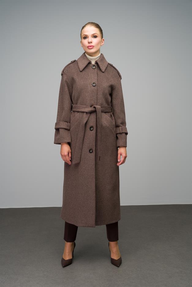Oversize Long Coat with Shirt Collar and Epaulette Detail LATTE 3064