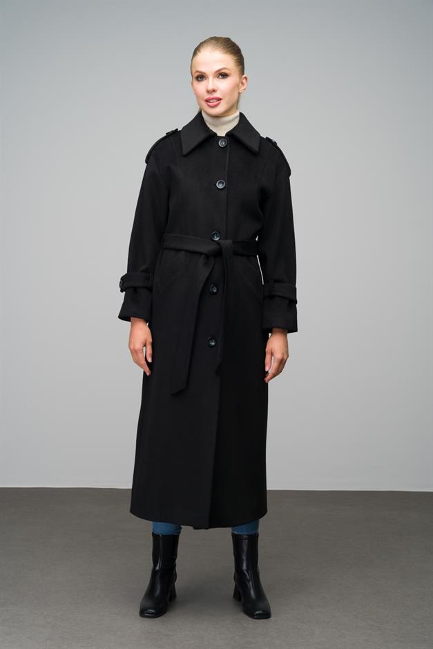 Oversize Long Coat with Shirt Collar and Epaulette Detail BLACK 3064