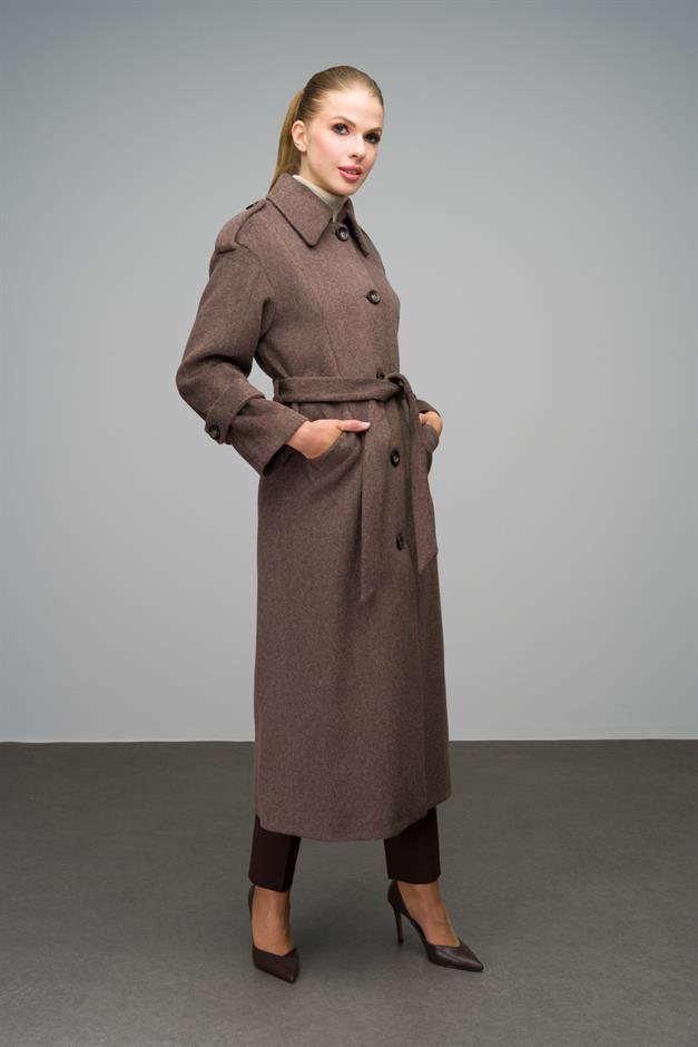 Oversize Long Coat with Shirt Collar and Epaulette Detail LATTE 3064