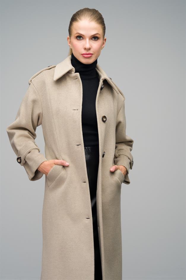 Oversize Long Coat with Shirt Collar and Epaulette Detail STONE 3064
