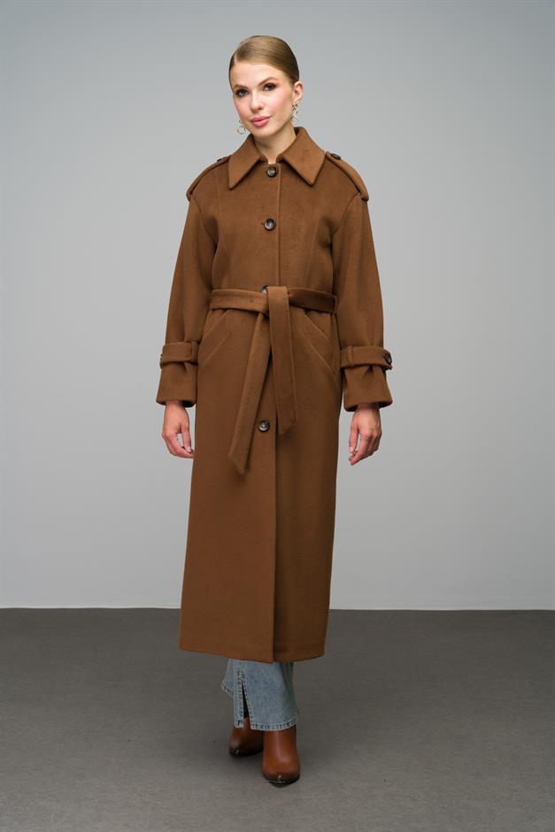 Oversize Long Coat with Shirt Collar and Epaulette Detail TOBACCO 3064