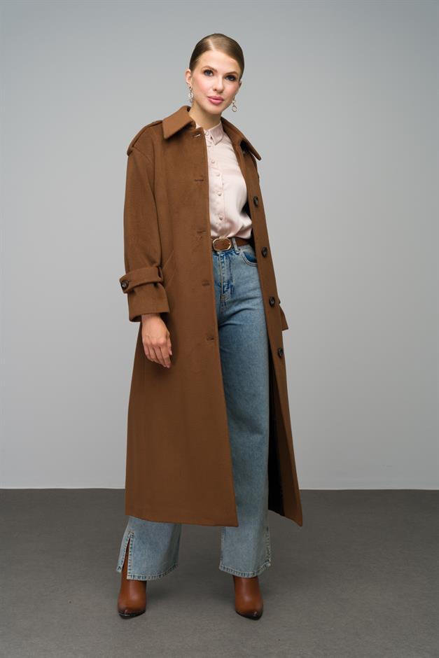 Oversize Long Coat with Shirt Collar and Epaulette Detail TOBACCO 3064