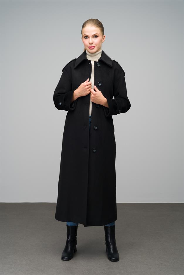 Oversize Long Coat with Shirt Collar and Epaulette Detail BLACK 3064