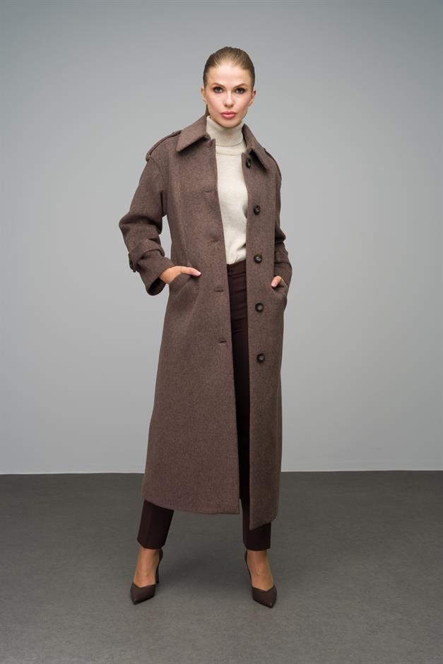 Oversize Long Coat with Shirt Collar and Epaulette Detail LATTE 3064